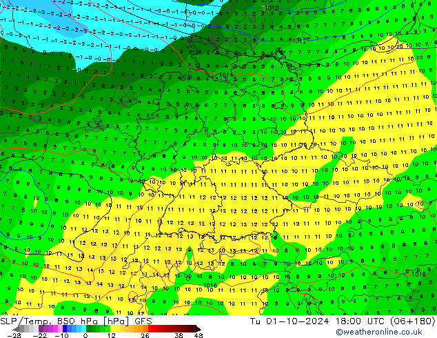 SLP/Temp. 850 hPa GFS Tu 01.10.2024 18 UTC