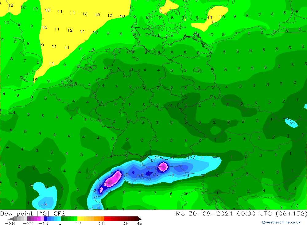 Taupunkt GFS Mo 30.09.2024 00 UTC