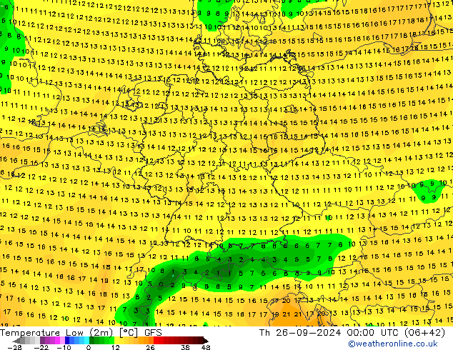 Temperature Low (2m) GFS Th 26.09.2024 00 UTC