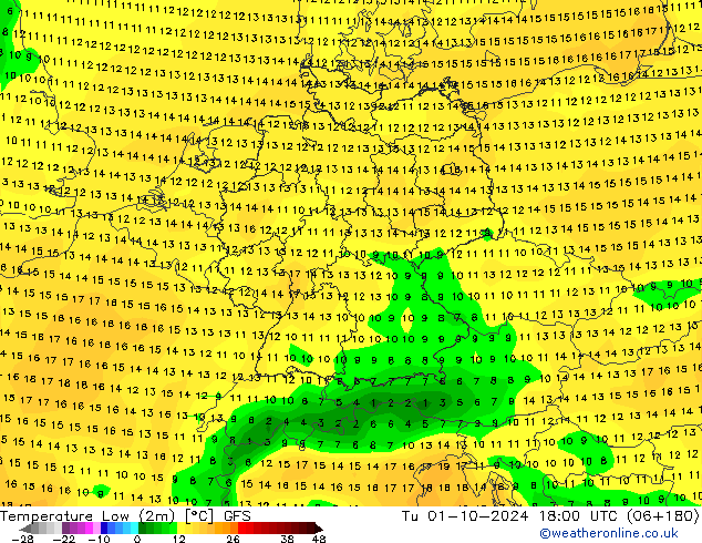 Min.temperatuur (2m) GFS di 01.10.2024 18 UTC