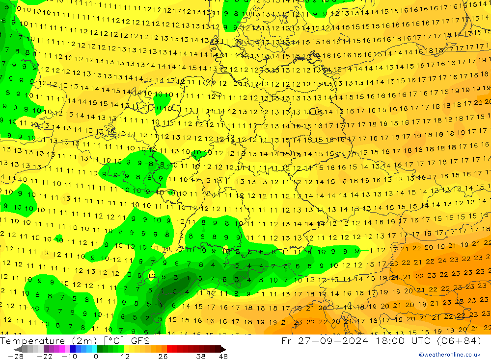 Temperature (2m) GFS Pá 27.09.2024 18 UTC