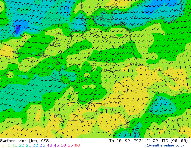 wiatr 10 m GFS czw. 26.09.2024 21 UTC