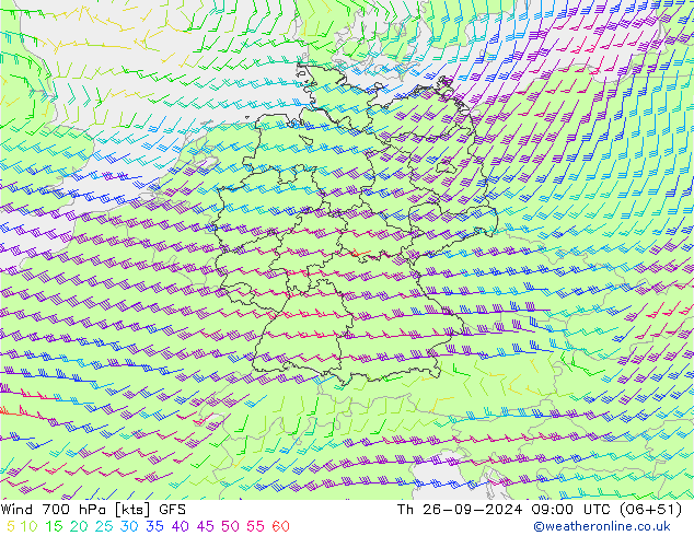 wiatr 700 hPa GFS czw. 26.09.2024 09 UTC