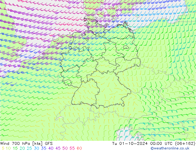 Wind 700 hPa GFS Út 01.10.2024 00 UTC