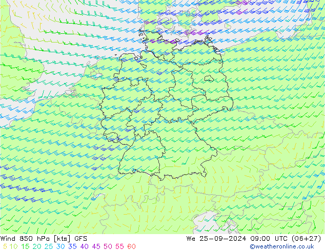 Wind 850 hPa GFS Mi 25.09.2024 09 UTC