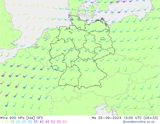 Vento 900 hPa GFS mer 25.09.2024 15 UTC