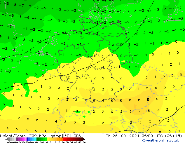 Height/Temp. 700 hPa GFS czw. 26.09.2024 06 UTC