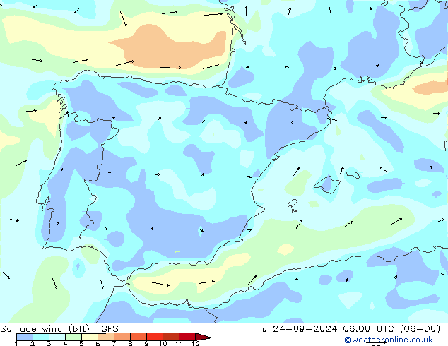  10 m (bft) GFS  24.09.2024 06 UTC