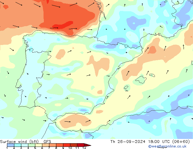 wiatr 10 m (bft) GFS czw. 26.09.2024 18 UTC