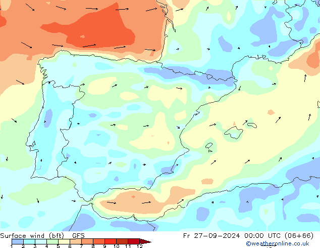 wiatr 10 m (bft) GFS pt. 27.09.2024 00 UTC