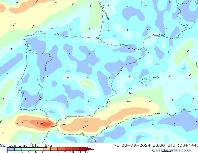 wiatr 10 m (bft) GFS pon. 30.09.2024 06 UTC