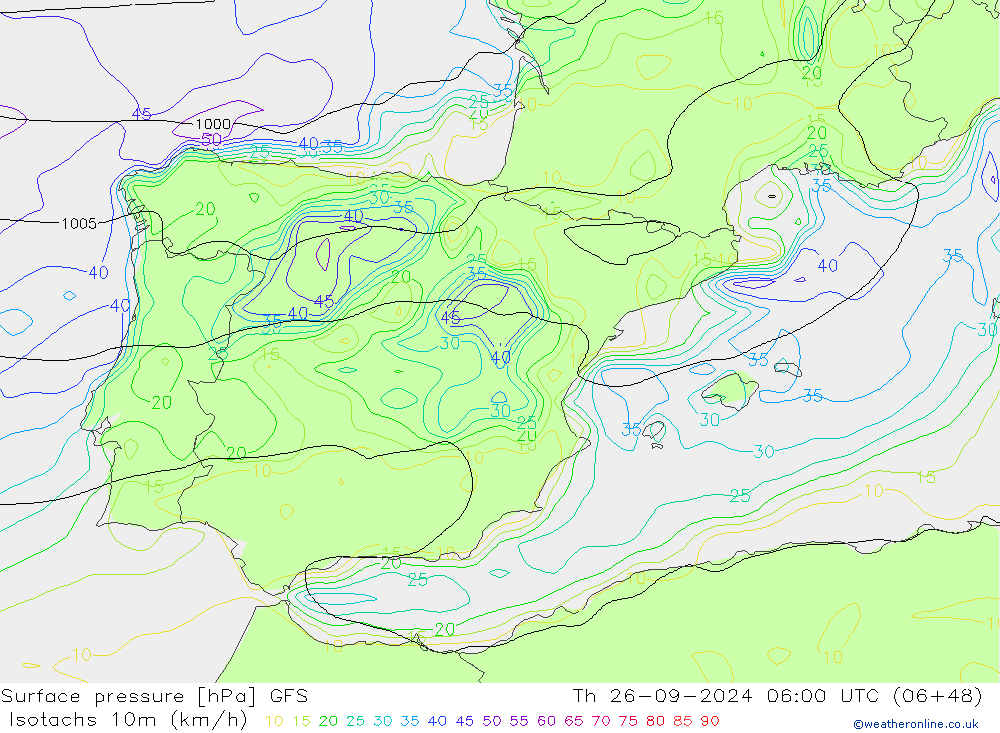 Isotachs (kph) GFS Qui 26.09.2024 06 UTC