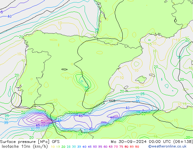 Isotaca (kph) GFS lun 30.09.2024 00 UTC