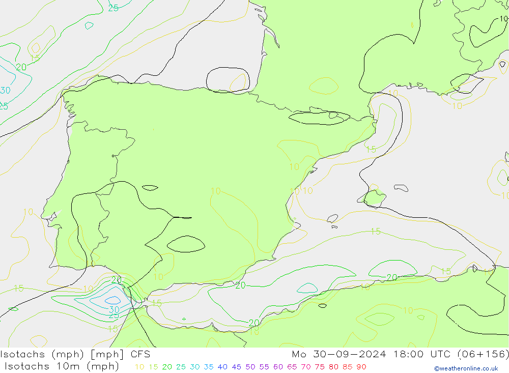 Isotachen (mph) GFS ma 30.09.2024 18 UTC