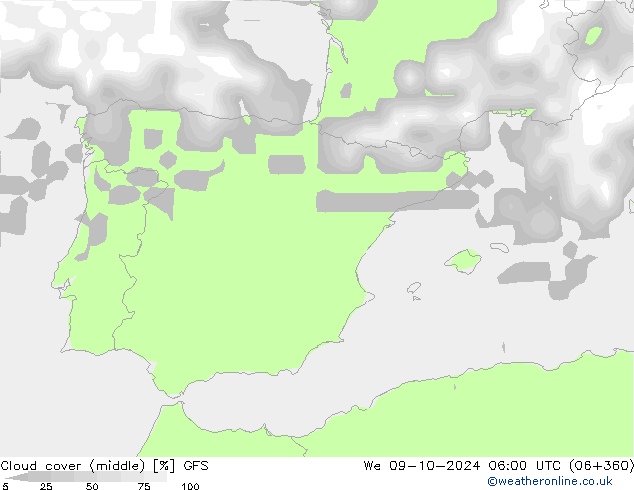 Cloud cover (middle) GFS We 09.10.2024 06 UTC