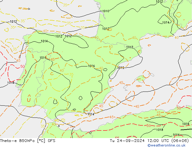 Theta-e 850hPa GFS Tu 24.09.2024 12 UTC