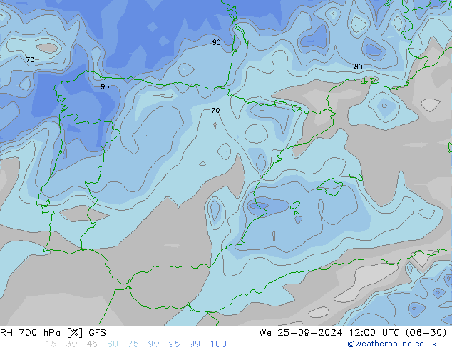 RH 700 hPa GFS We 25.09.2024 12 UTC