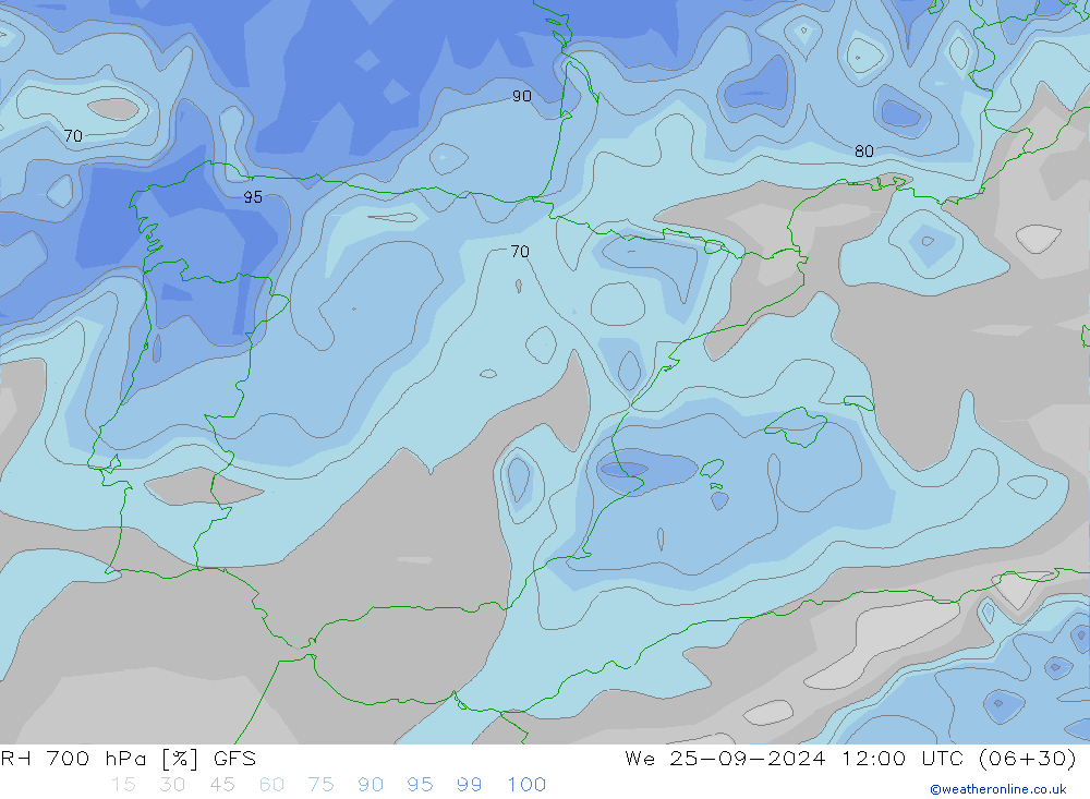 RH 700 hPa GFS We 25.09.2024 12 UTC