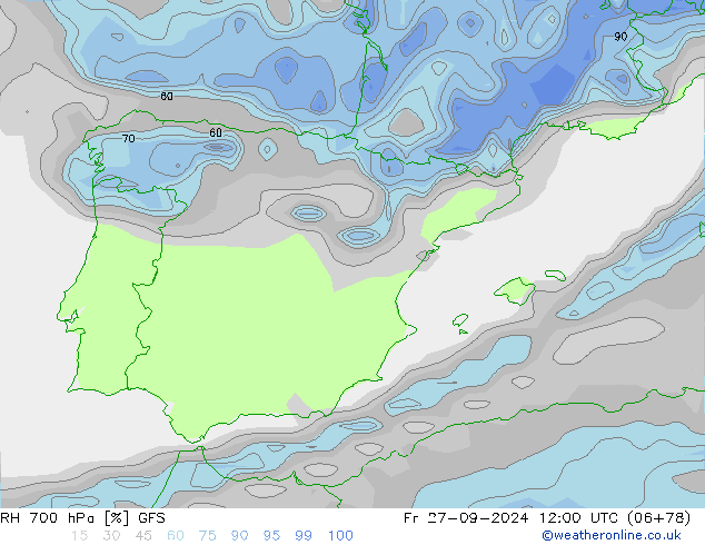 RH 700 hPa GFS Fr 27.09.2024 12 UTC