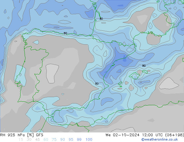 RH 925 hPa GFS We 02.10.2024 12 UTC