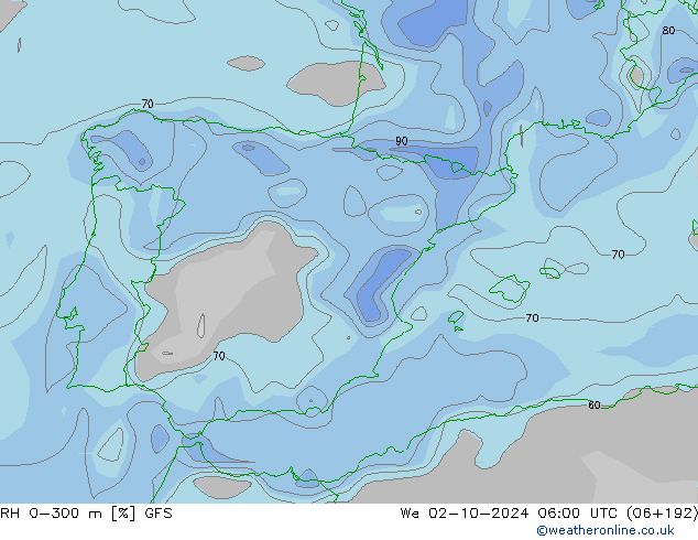 RH 0-300 m GFS We 02.10.2024 06 UTC