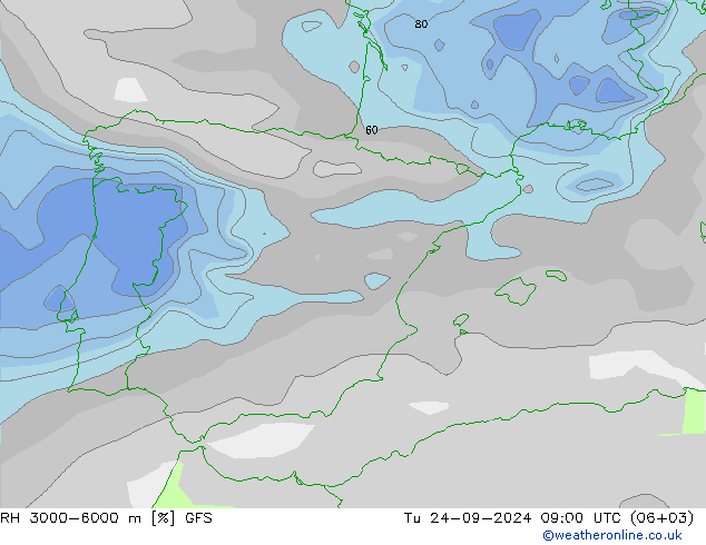 RH 3000-6000 m GFS Tu 24.09.2024 09 UTC