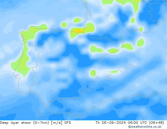 Deep layer shear (0-1km) GFS  26.09.2024 06 UTC