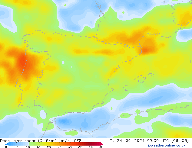 Deep layer shear (0-6km) GFS wto. 24.09.2024 09 UTC