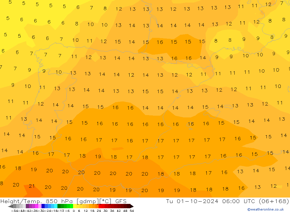 Géop./Temp. 850 hPa GFS mar 01.10.2024 06 UTC