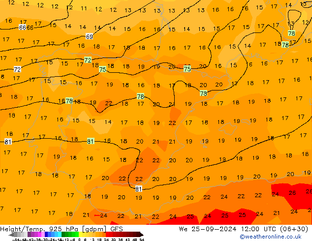 Height/Temp. 925 hPa GFS We 25.09.2024 12 UTC