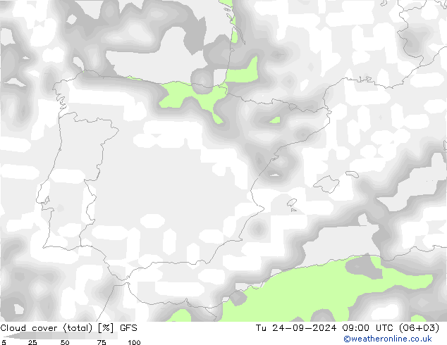 Nubi (totali) GFS mar 24.09.2024 09 UTC