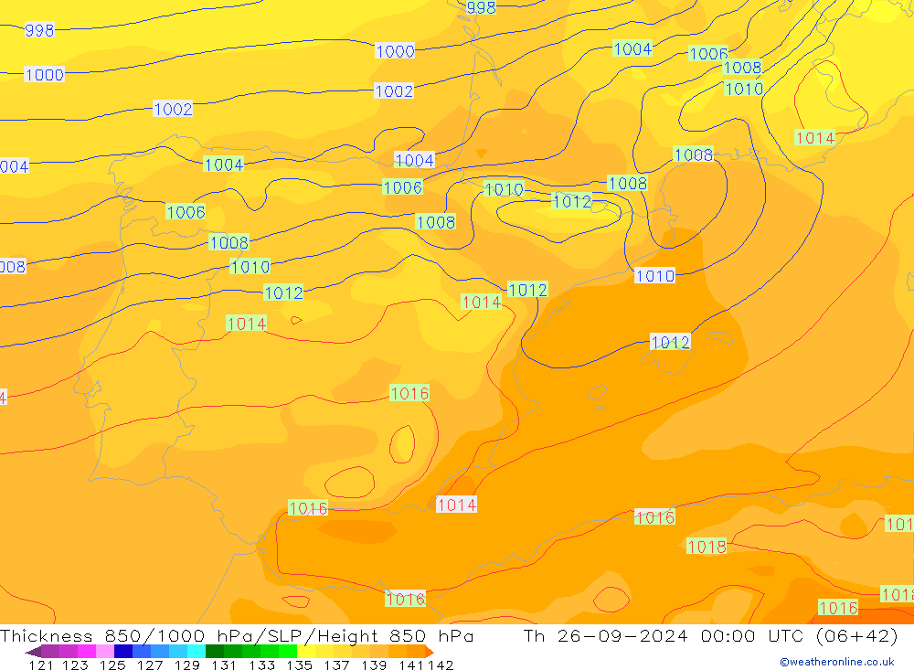 Espesor 850-1000 hPa GFS jue 26.09.2024 00 UTC