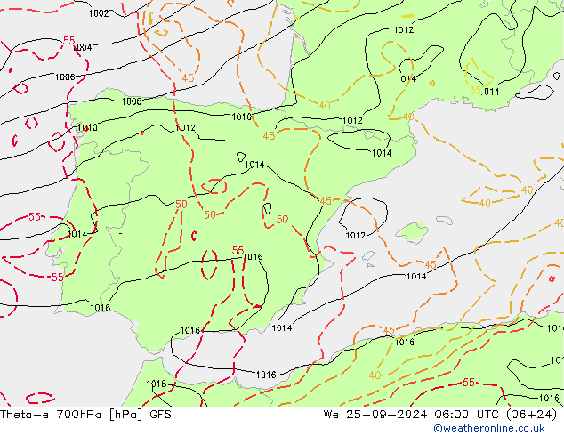 Theta-e 700hPa GFS śro. 25.09.2024 06 UTC