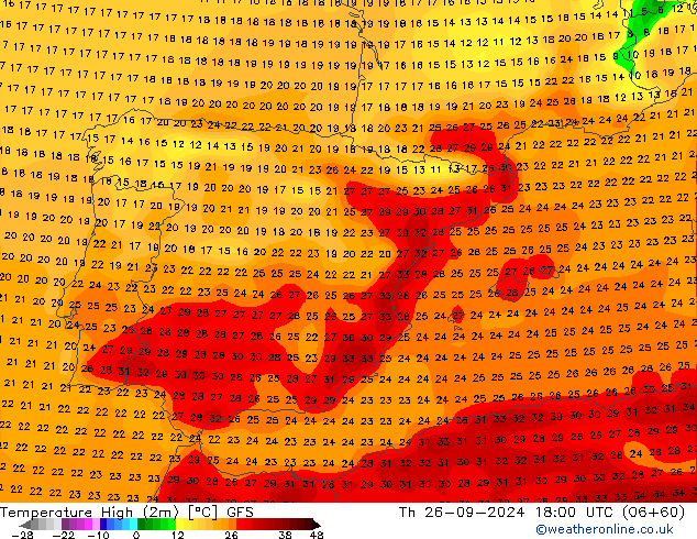 Темпер. макс 2т GFS чт 26.09.2024 18 UTC