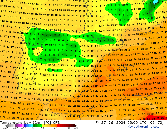 Temperature Low (2m) GFS Fr 27.09.2024 06 UTC