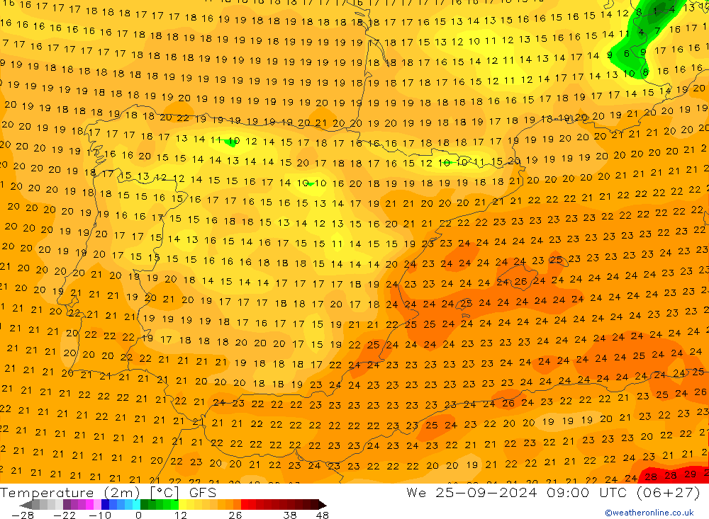 température (2m) GFS mer 25.09.2024 09 UTC