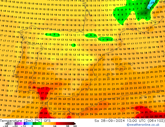 Temperature (2m) GFS Sa 28.09.2024 12 UTC