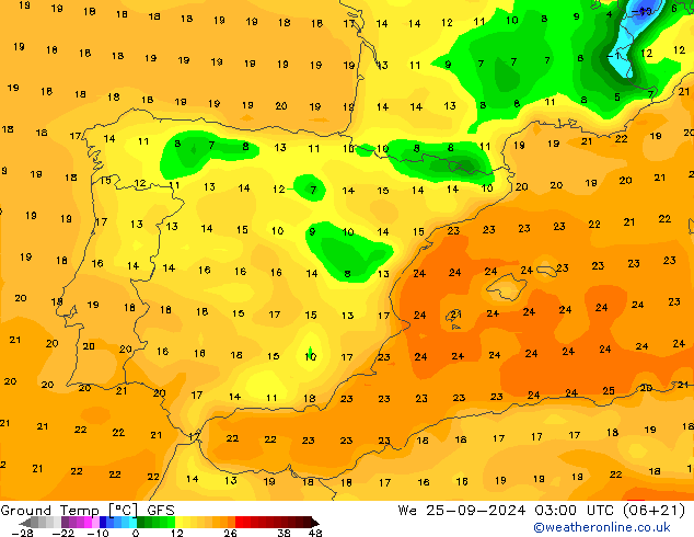 Temp. gruntu GFS śro. 25.09.2024 03 UTC