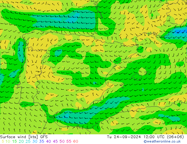 Vento 10 m GFS Ter 24.09.2024 12 UTC