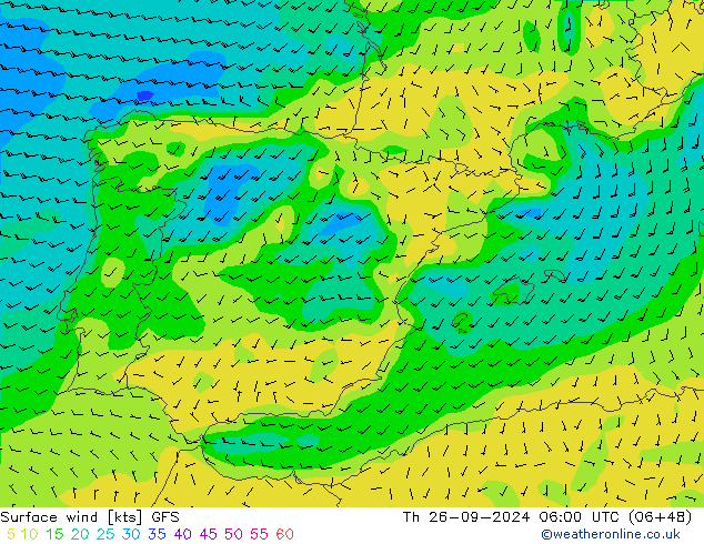 Surface wind GFS Čt 26.09.2024 06 UTC