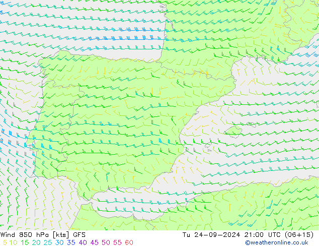 Wind 850 hPa GFS Tu 24.09.2024 21 UTC