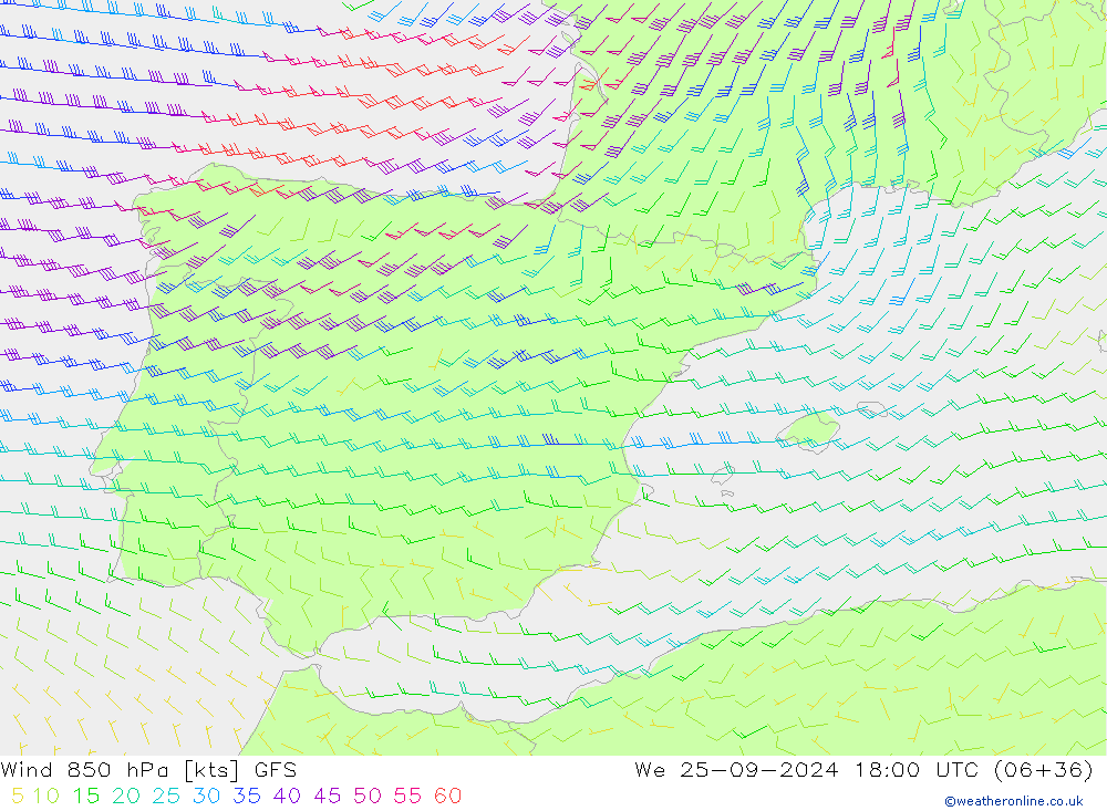 Viento 850 hPa GFS mié 25.09.2024 18 UTC