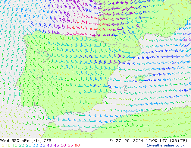 ветер 850 гПа GFS пт 27.09.2024 12 UTC