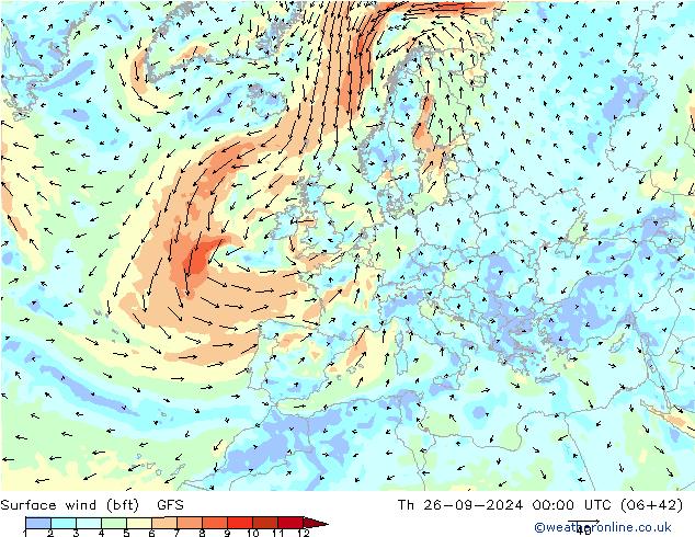 Wind 10 m (bft) GFS do 26.09.2024 00 UTC