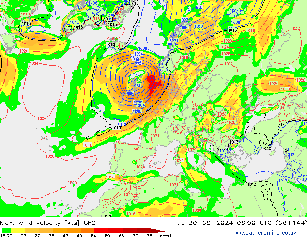 Max. wind velocity GFS пн 30.09.2024 06 UTC