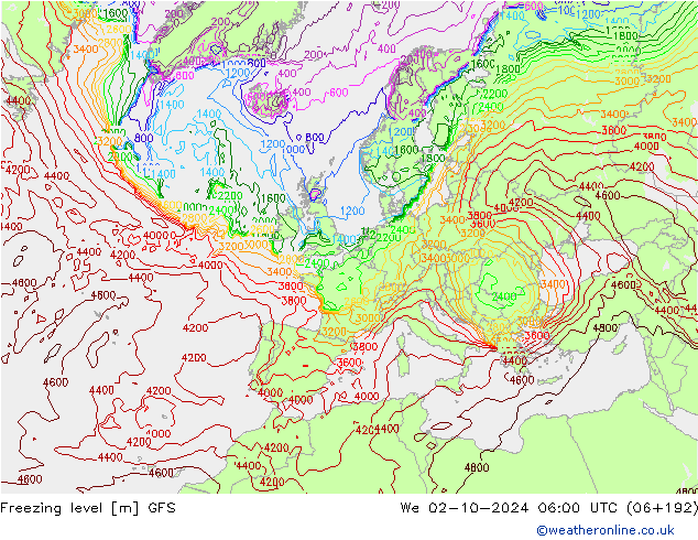 Nulgradenniveau GFS wo 02.10.2024 06 UTC