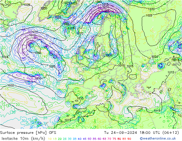 Isotachs (kph) GFS Út 24.09.2024 18 UTC