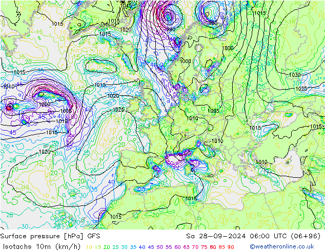 Isotachs (kph) GFS Sa 28.09.2024 06 UTC