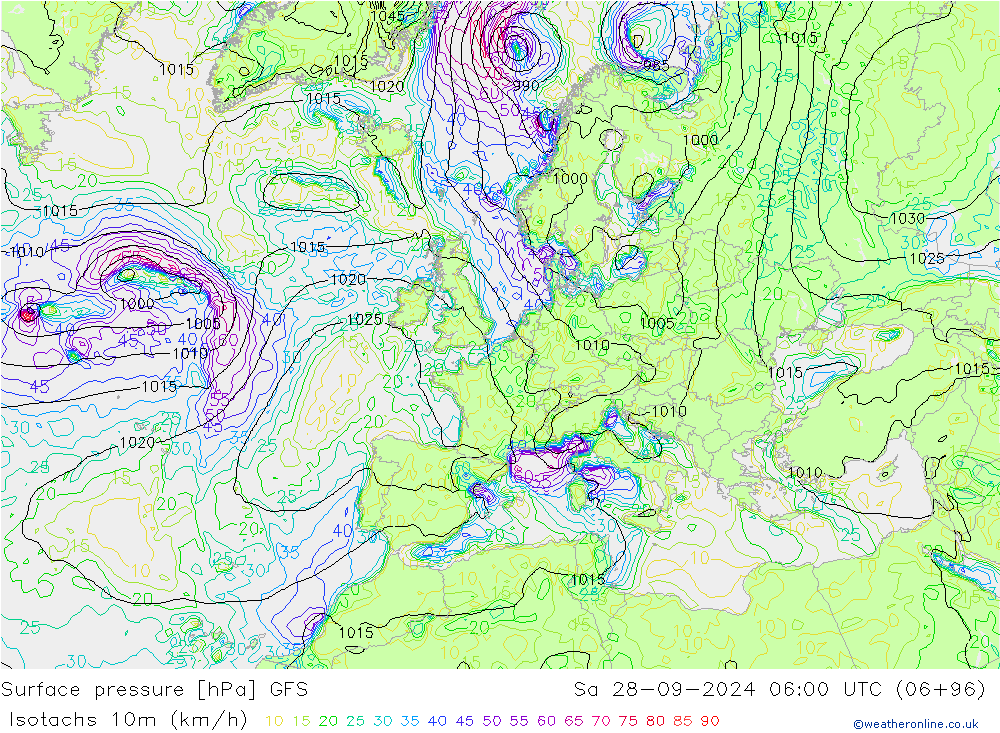 Isotachs (kph) GFS So 28.09.2024 06 UTC