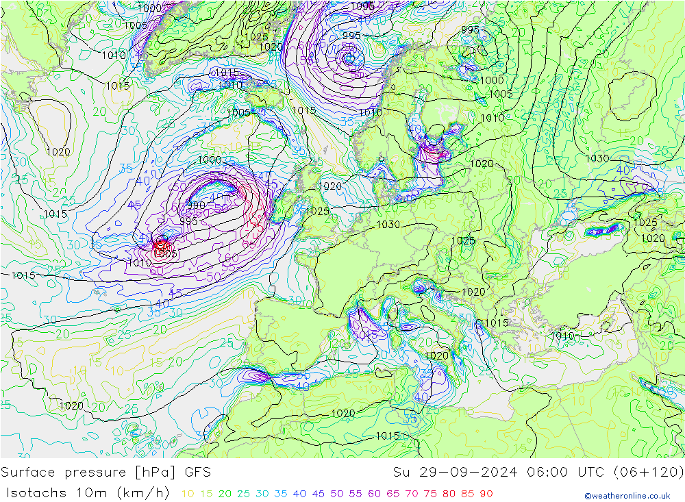 Izotacha (km/godz) GFS nie. 29.09.2024 06 UTC